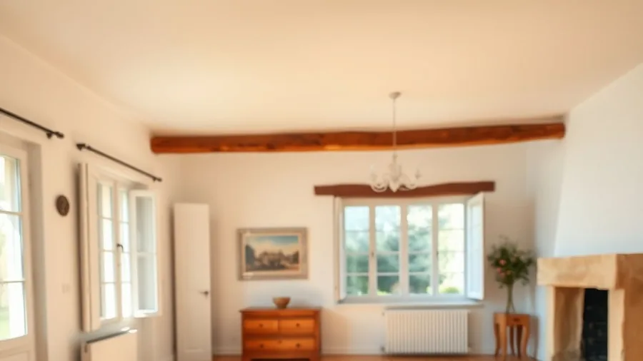 Séjour lumineux d’une maison rénovée, poutre apparente et grandes fenêtres
