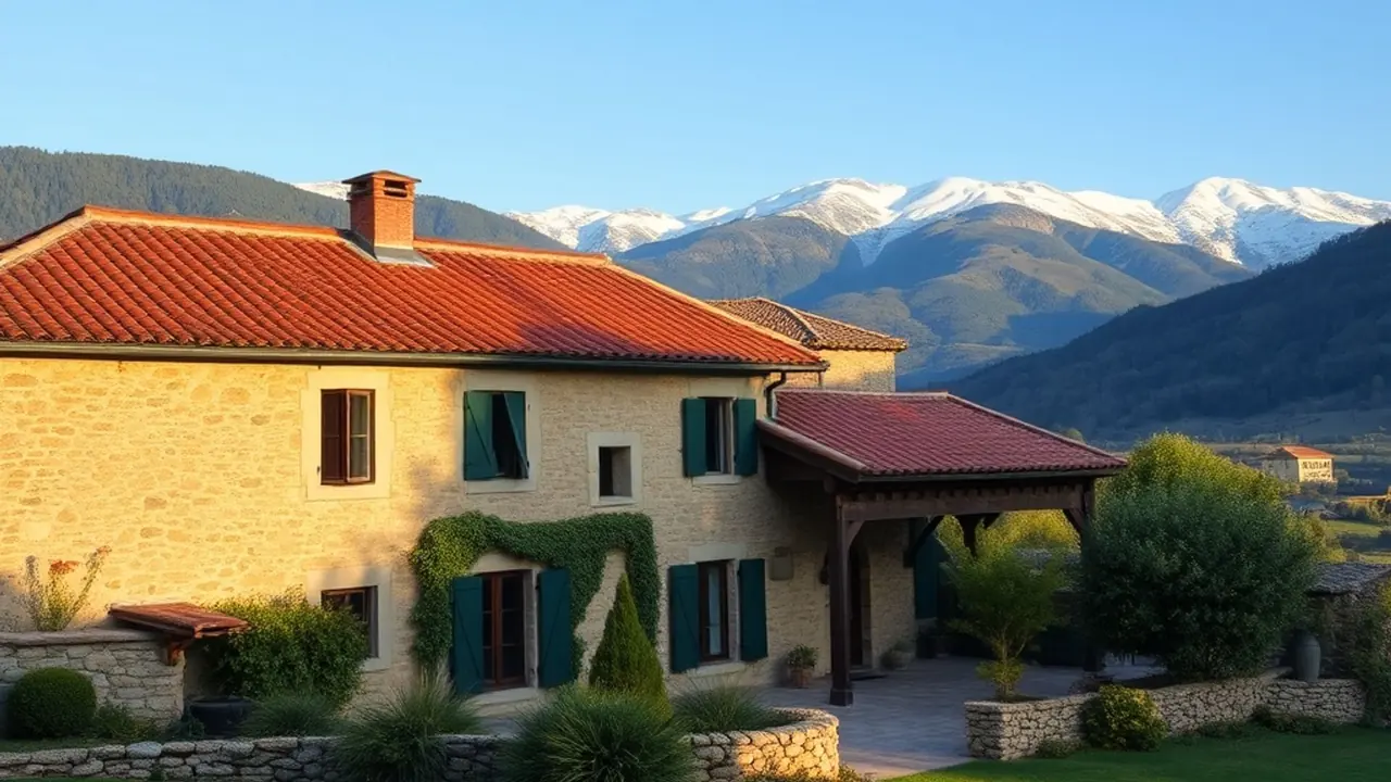 Façade d’une maison familiale au jardin soigné, en fin de journée