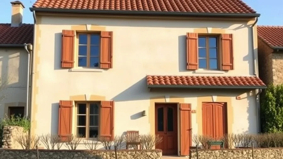Maison individuelle au toit de tuiles, jardin et portail en bois